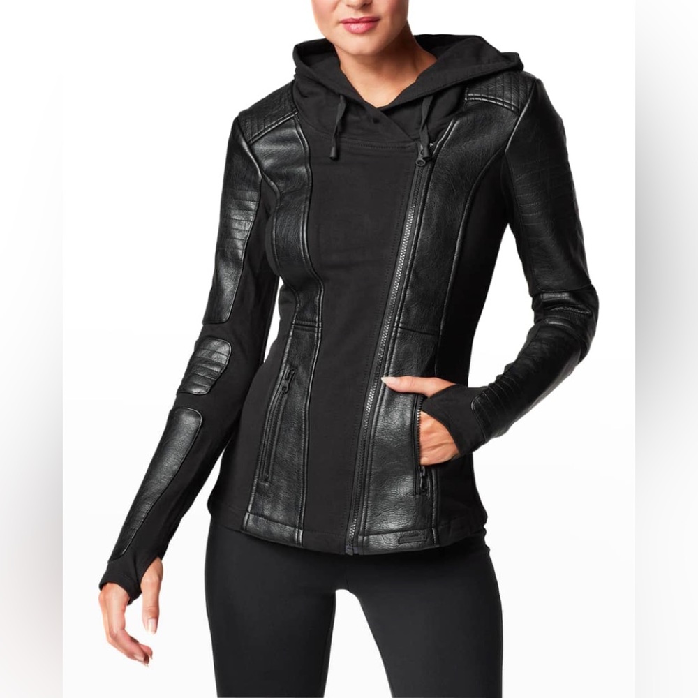 Blanc Noir Asymmetrical Hooded Terry Moto Jacket